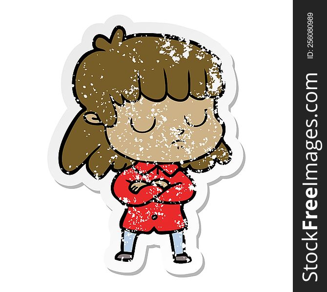 Distressed Sticker Of A Cartoon Indifferent Woman Folding Arms
