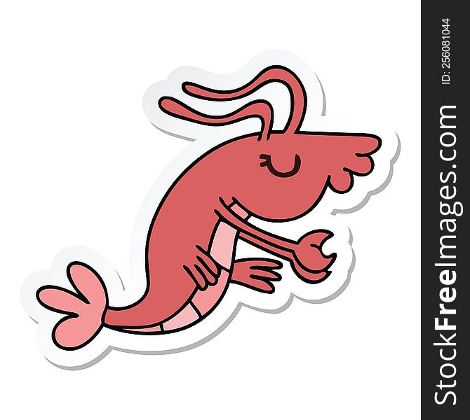 Sticker Of A Quirky Hand Drawn Cartoon Happy Shrimp