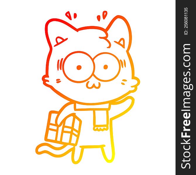 warm gradient line drawing of a cartoon surprised cat with christmas present