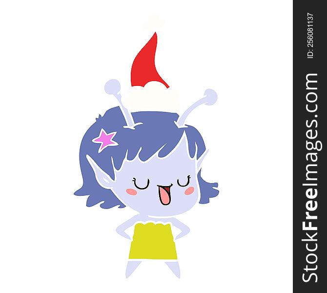 happy alien girl hand drawn flat color illustration of a wearing santa hat. happy alien girl hand drawn flat color illustration of a wearing santa hat