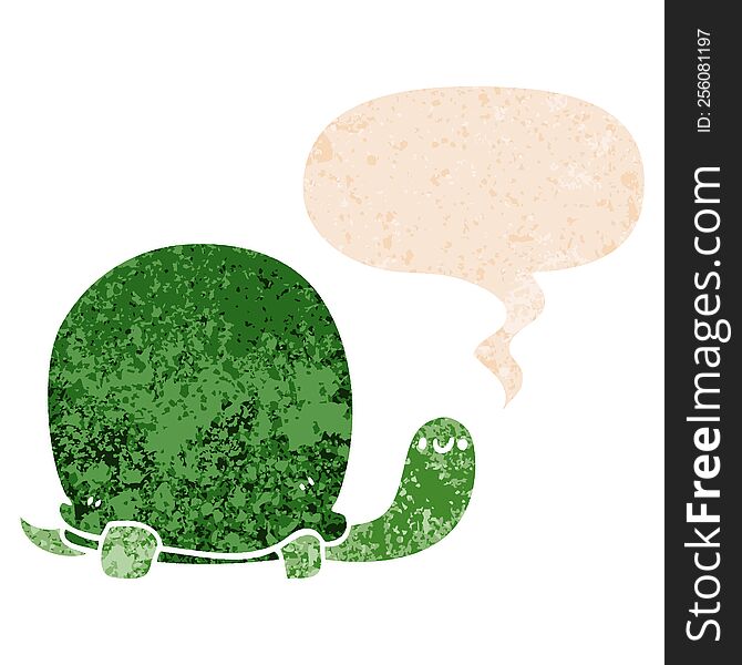 Cute Cartoon Tortoise And Speech Bubble In Retro Textured Style