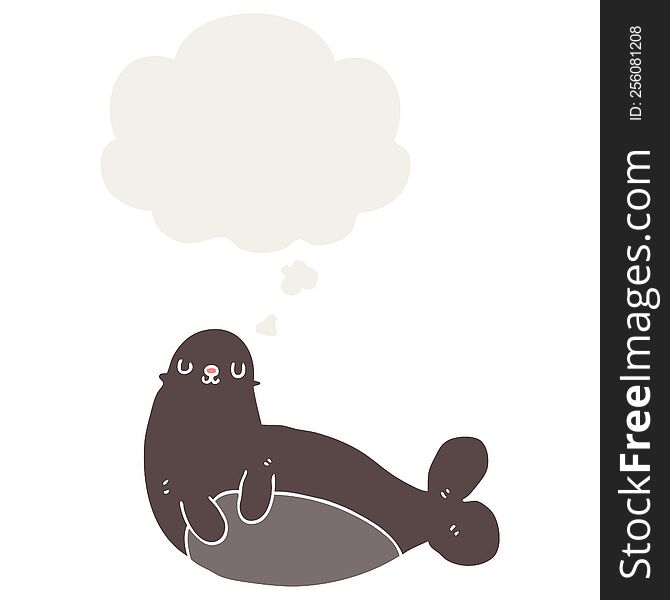 cartoon seal with thought bubble in retro style