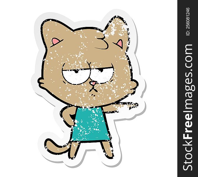 Distressed Sticker Of A Bored Cartoon Cat Pointing