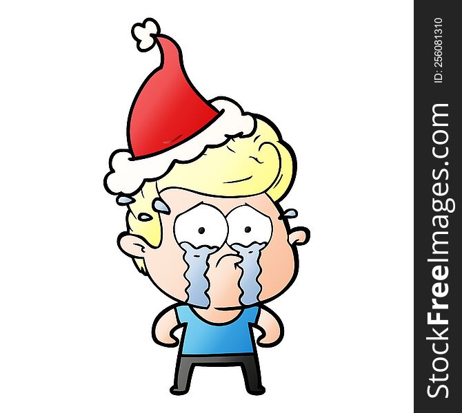hand drawn gradient cartoon of a crying man wearing santa hat