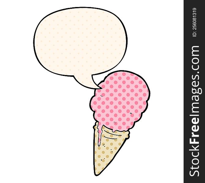 cartoon ice cream and speech bubble in comic book style