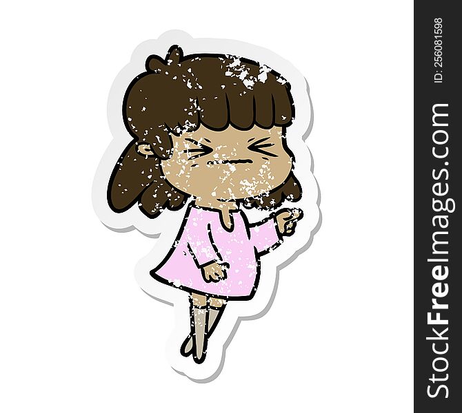 distressed sticker of a cartoon angry girl