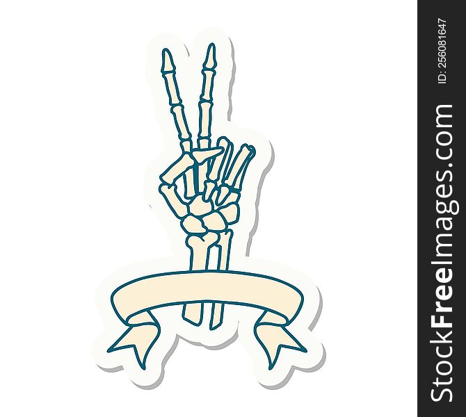 tattoo style sticker with banner of a skeleton giving a peace sign. tattoo style sticker with banner of a skeleton giving a peace sign