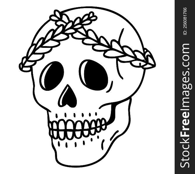 Black Line Tattoo Of A Skull With Laurel Wreath Crown