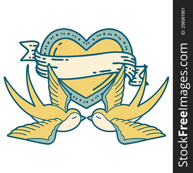 tattoo style icon of a swallows and a heart with banner