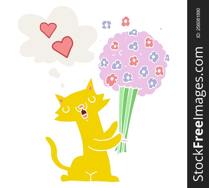 cartoon cat in love with flowers with thought bubble in retro style