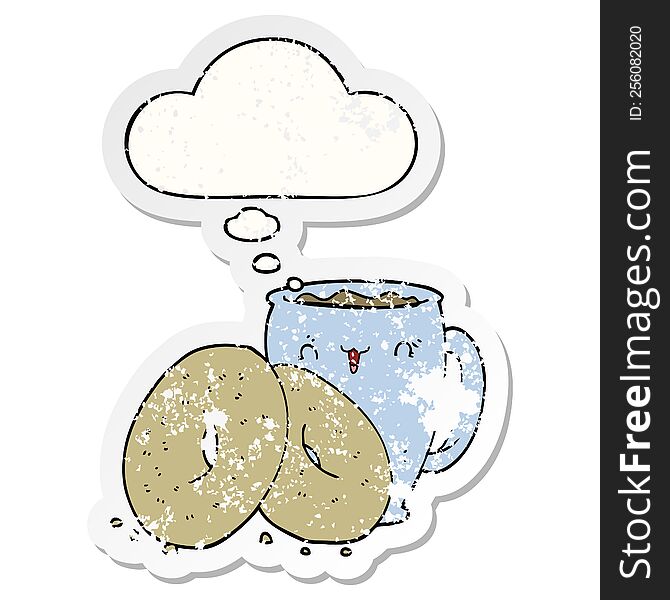 cartoon coffee and donuts with thought bubble as a distressed worn sticker