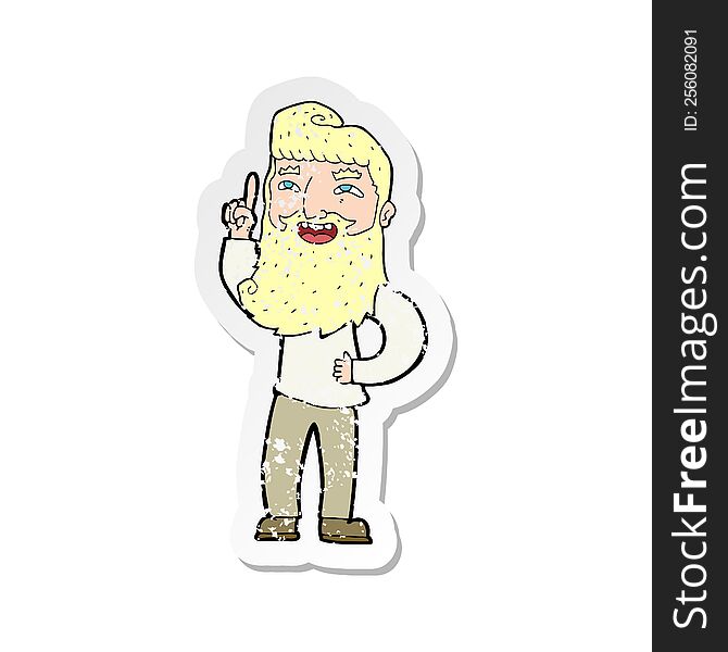 retro distressed sticker of a cartoon happy bearded man with idea