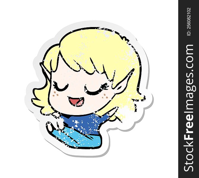 distressed sticker of a happy cartoon elf girl sitting