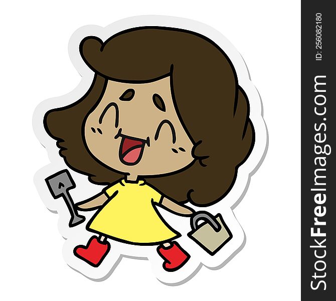 freehand drawn sticker cartoon of cute kawaii girl with bucket and spade