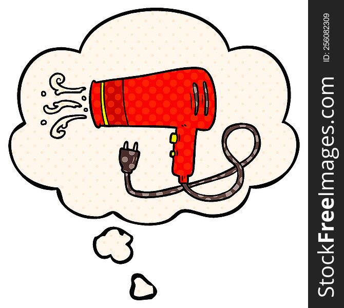 Cartoon Electric Hairdryer And Thought Bubble In Comic Book Style