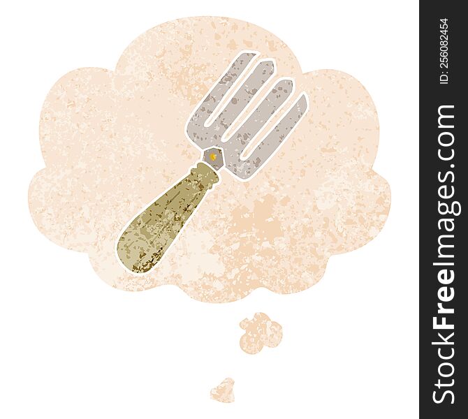cartoon fork with thought bubble in grunge distressed retro textured style. cartoon fork with thought bubble in grunge distressed retro textured style