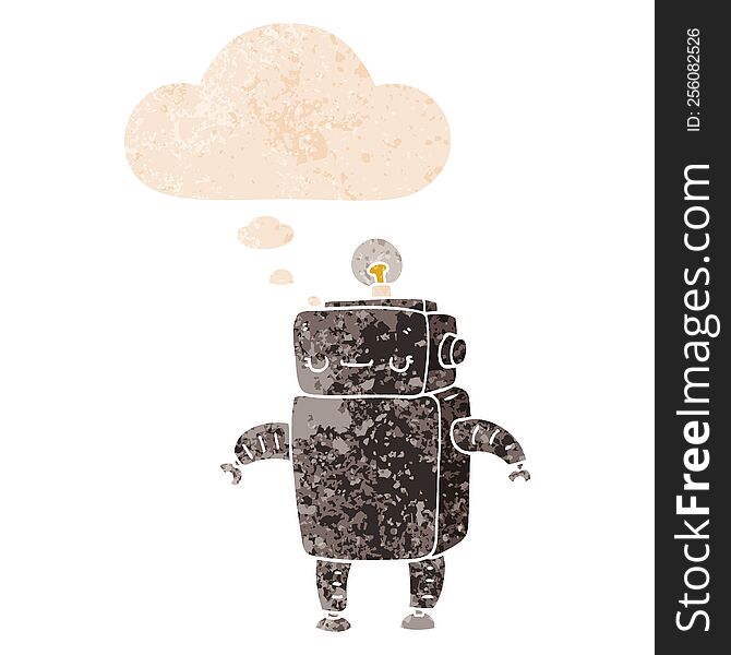 Cartoon Robot And Thought Bubble In Retro Textured Style