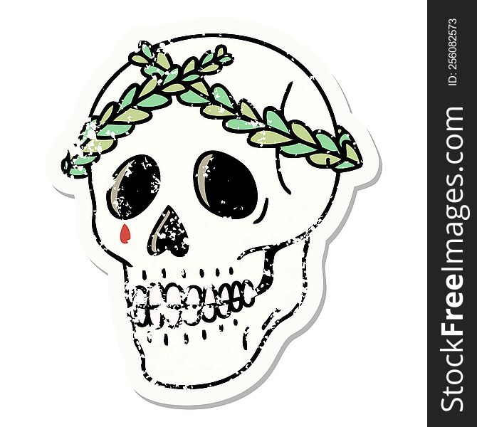 Traditional Distressed Sticker Tattoo Of A Skull With Laurel Wreath Crown
