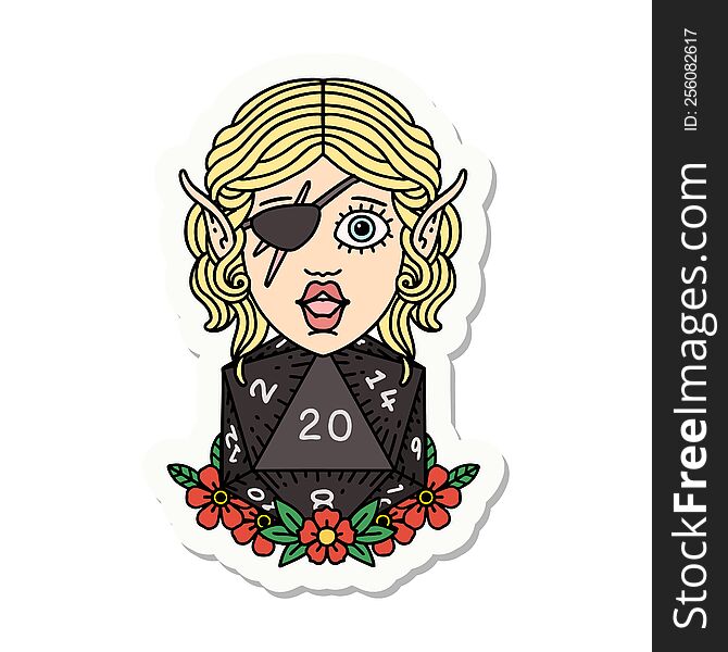 sticker of a elf rogue character with natural twenty dice roll. sticker of a elf rogue character with natural twenty dice roll