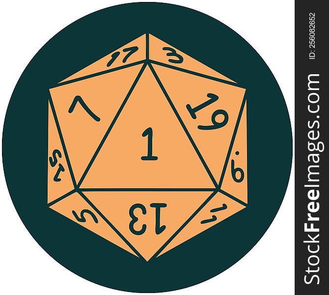 icon of natural 1 D20 dice roll. icon of natural 1 D20 dice roll