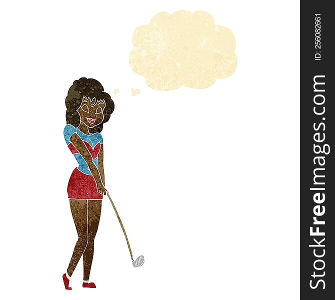 cartoon woman playing golf with thought bubble