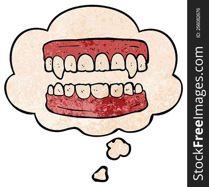 Cartoon Vampire Teeth And Thought Bubble In Grunge Texture Pattern Style