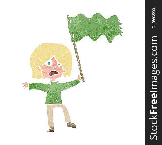 Cartoon Woman Waving Green Flag