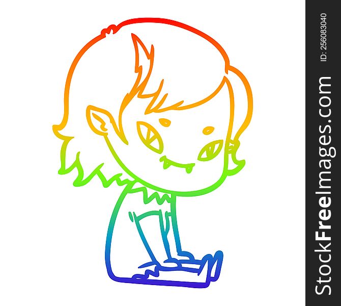 rainbow gradient line drawing of a cartoon friendly vampire girl sat down