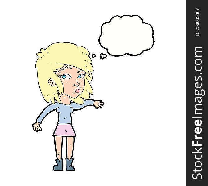 cartoon woman playing it cool with thought bubble