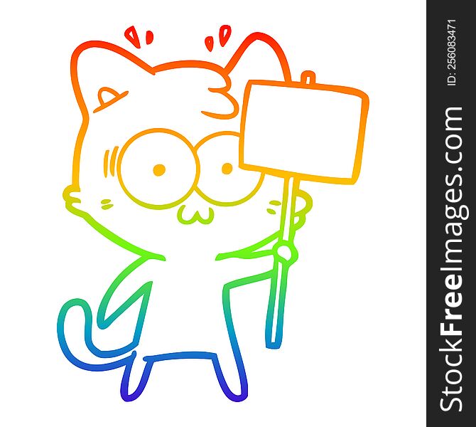 Rainbow Gradient Line Drawing Cartoon Surprised Cat Waving Sign