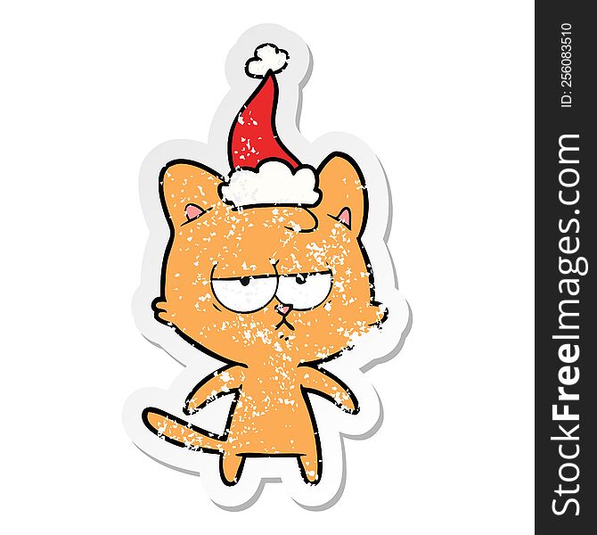 bored distressed sticker cartoon of a cat wearing santa hat