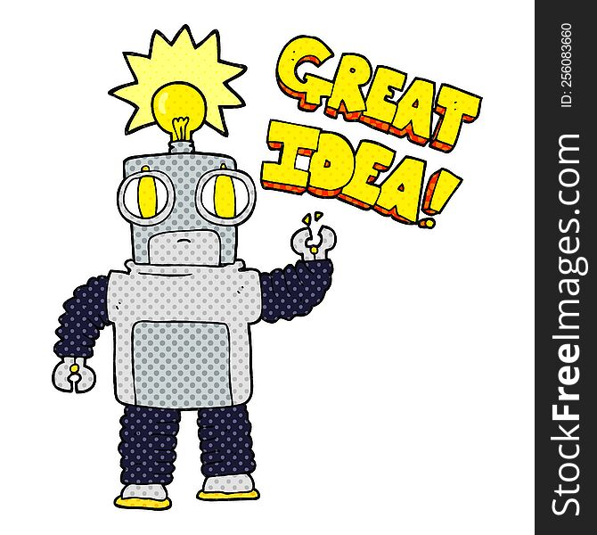 freehand drawn cartoon robot with great idea