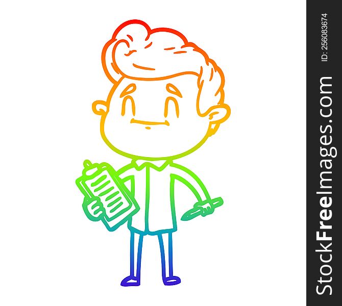 Rainbow Gradient Line Drawing Happy Cartoon Man With Pen And Clipboard