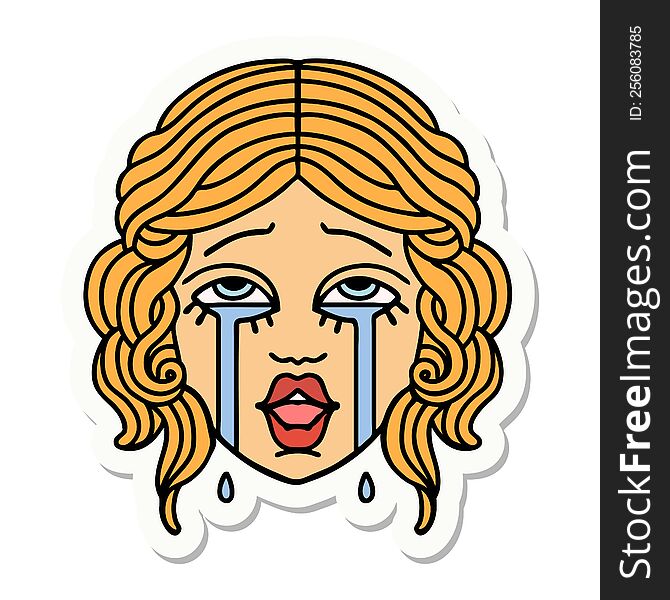 sticker of tattoo in traditional style of a very happy crying female face. sticker of tattoo in traditional style of a very happy crying female face