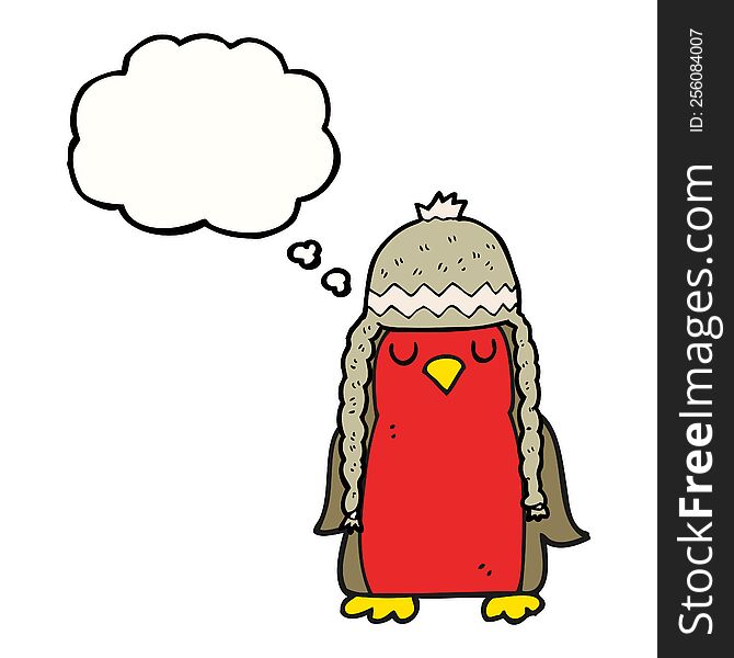 freehand drawn thought bubble cartoon robin wearing winter hat