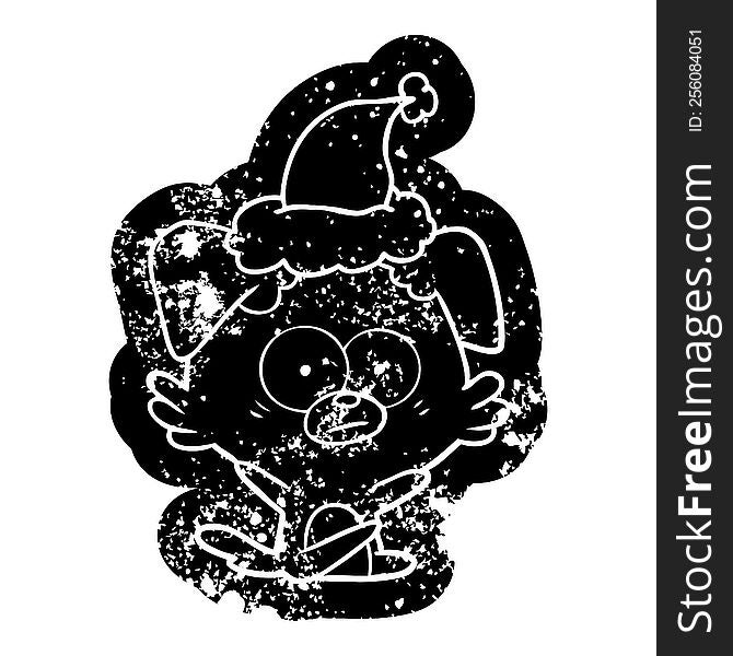 Nervous Dog Cartoon Distressed Icon Of A Wearing Santa Hat