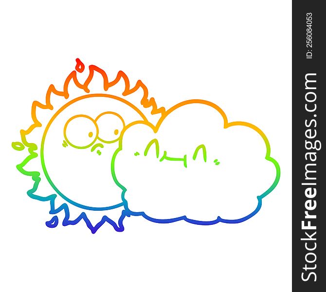 Rainbow Gradient Line Drawing Cute Cartoon Cloud And Sun