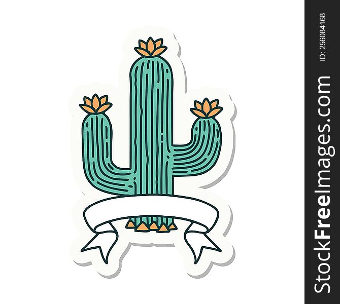 tattoo style sticker with banner of a cactus