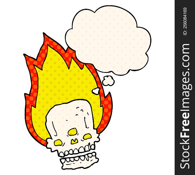 spooky cartoon flaming skull with thought bubble in comic book style