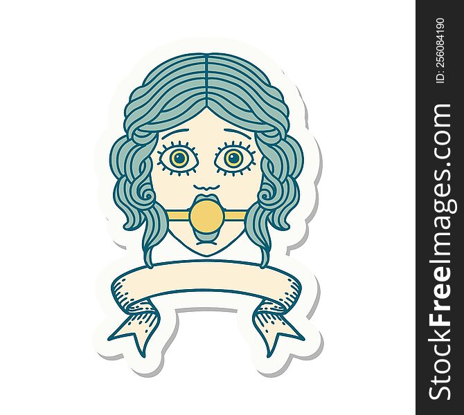tattoo style sticker with banner of female face wearing a ball gag. tattoo style sticker with banner of female face wearing a ball gag