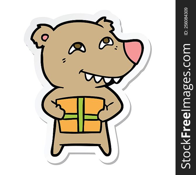 Sticker Of A Cartoon Bear With Present