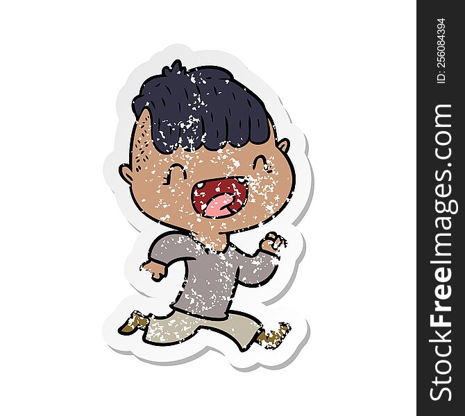 distressed sticker of a cartoon happy boy laughing and running away