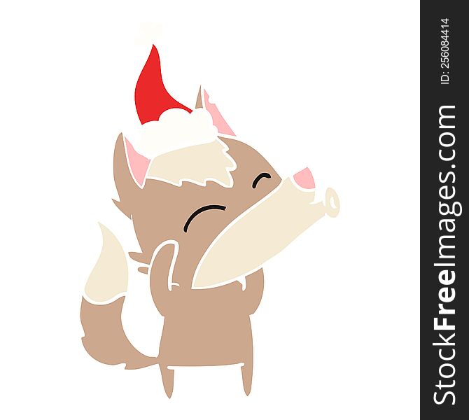 howling wolf hand drawn flat color illustration of a wearing santa hat. howling wolf hand drawn flat color illustration of a wearing santa hat
