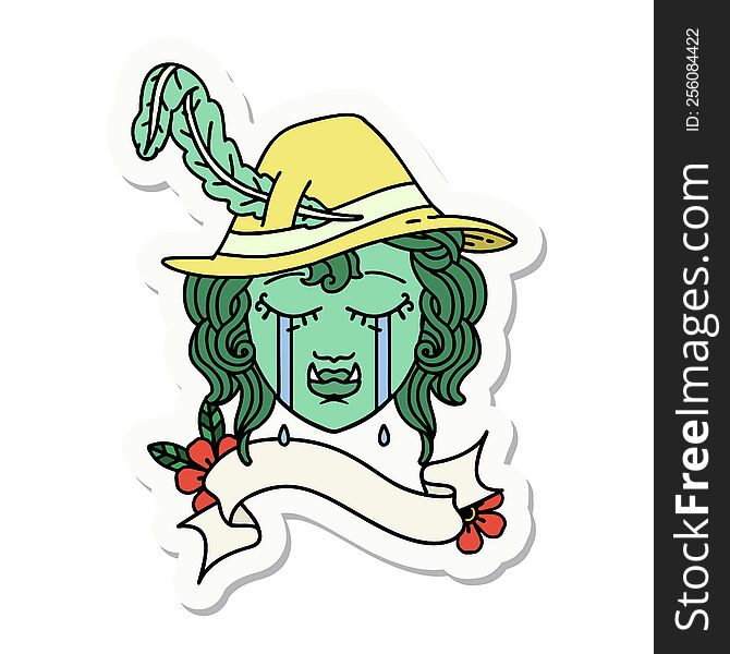 sticker of a crying half orc bard character face. sticker of a crying half orc bard character face