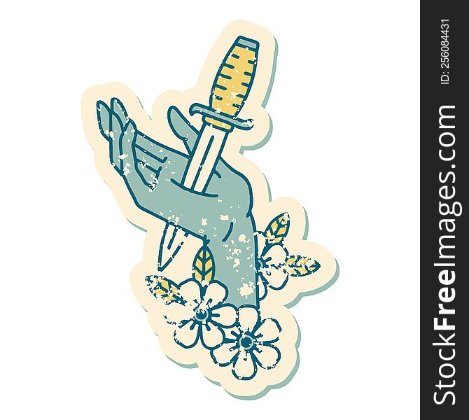 Distressed Sticker Tattoo Style Icon Of A Dagger In The Hand