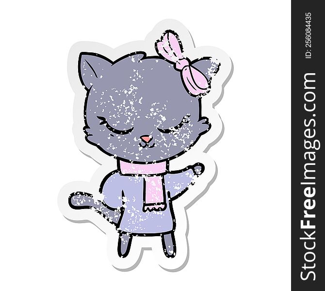 Distressed Sticker Of A Cute Cartoon Cat With Bow