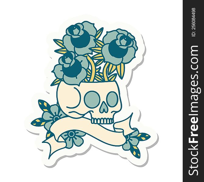 Tattoo Sticker With Banner Of A Skull And Roses