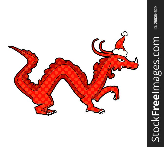 hand drawn comic book style illustration of a dragon wearing santa hat