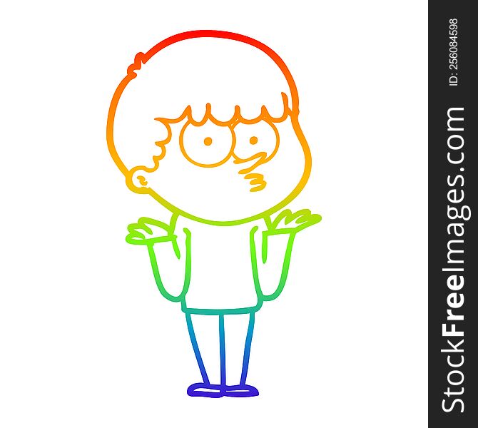 rainbow gradient line drawing of a cartoon curious boy shrugging shoulders