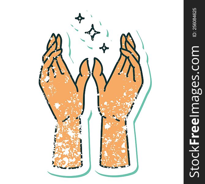 iconic distressed sticker tattoo style image of reaching hands. iconic distressed sticker tattoo style image of reaching hands